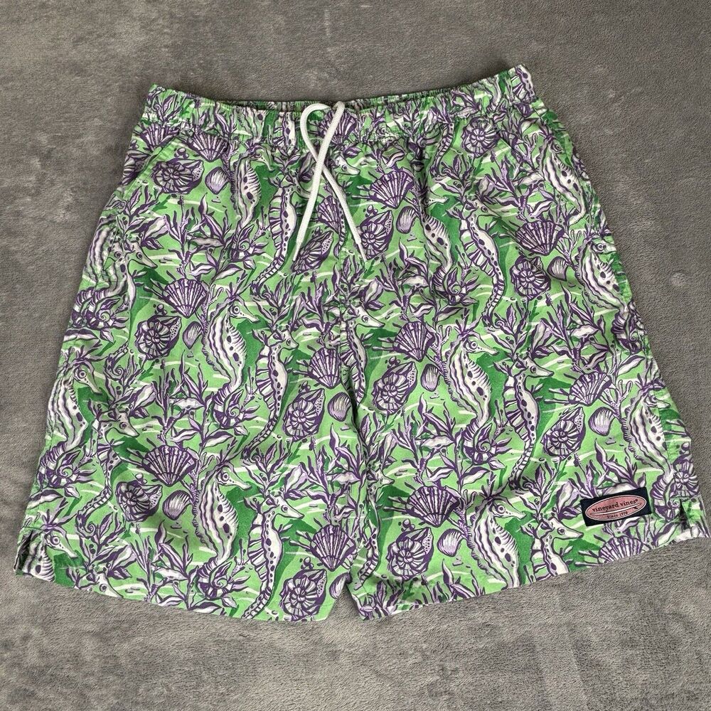Vineyard Vines Swim Trunks Mens M Seahorse Sea‎ Shell Green Purple 1M0240 Lined